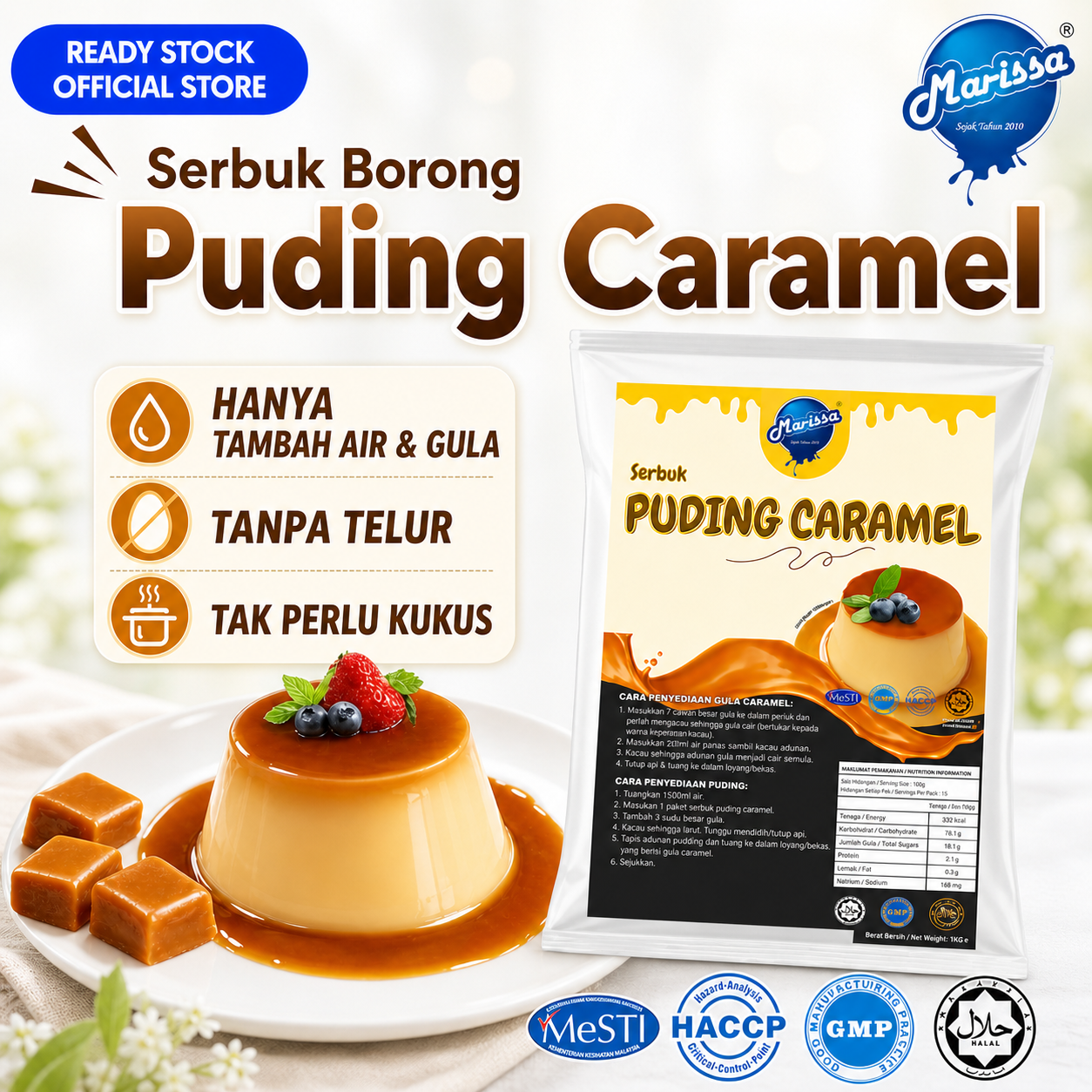 Serbuk PUDING KARAMEL Kastard Borong HALAL Tak Perlu Kukus Instant Custard Caramel Pudding Marissa READY STOCK